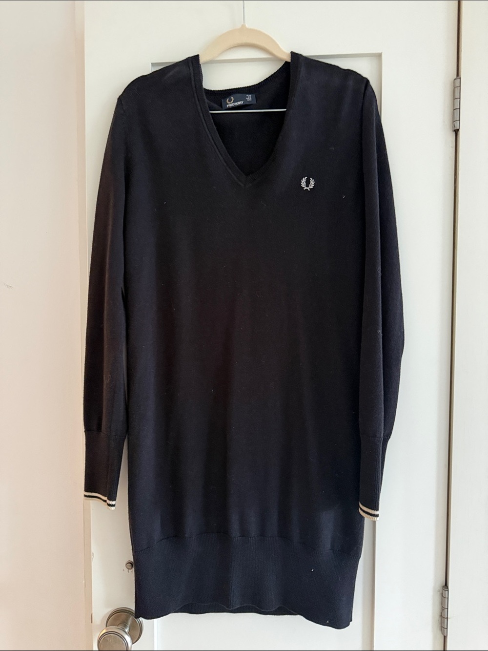 Fred Perry Black V-Neck Knit Sweater Dress with Contrast Trim